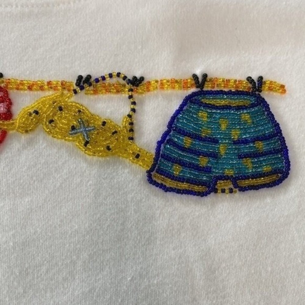 PARADISO Clothes Line Beaded Short Sleeve Cropped Tee Top Cotton Scoop Neck Cute - Picture 10 of 11